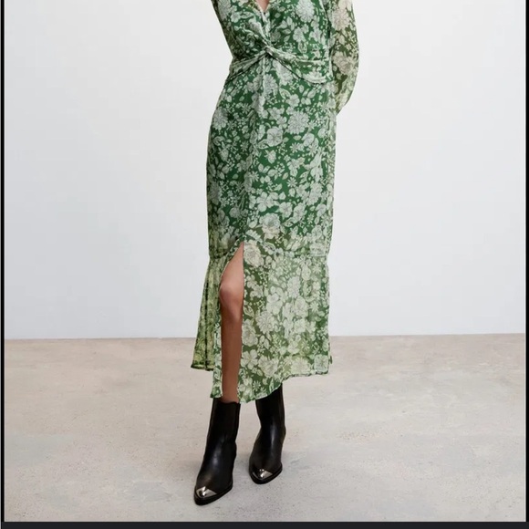 Mango floral « Lila » chiffon midi dress Floral Green Wrap Dress size 4 - Picture 3 of 12